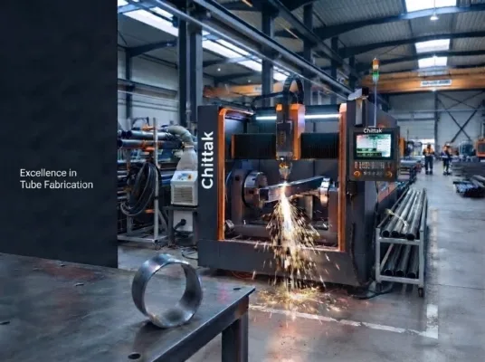 Industrial workshop scene showing a Chittak tube-plate integrated laser cutting machine cutting metal tubing, with sparks flying and clean precision cuts.