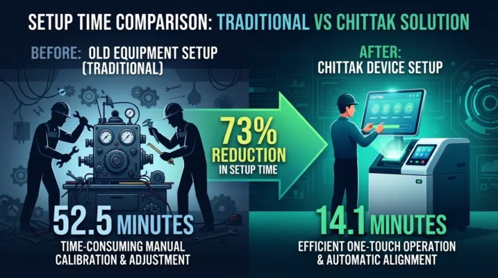Infographic comparing 52.5 minutes manual setup with legacy equipment versus 14.1 minutes with Chittak machine, showing a 73% reduction.